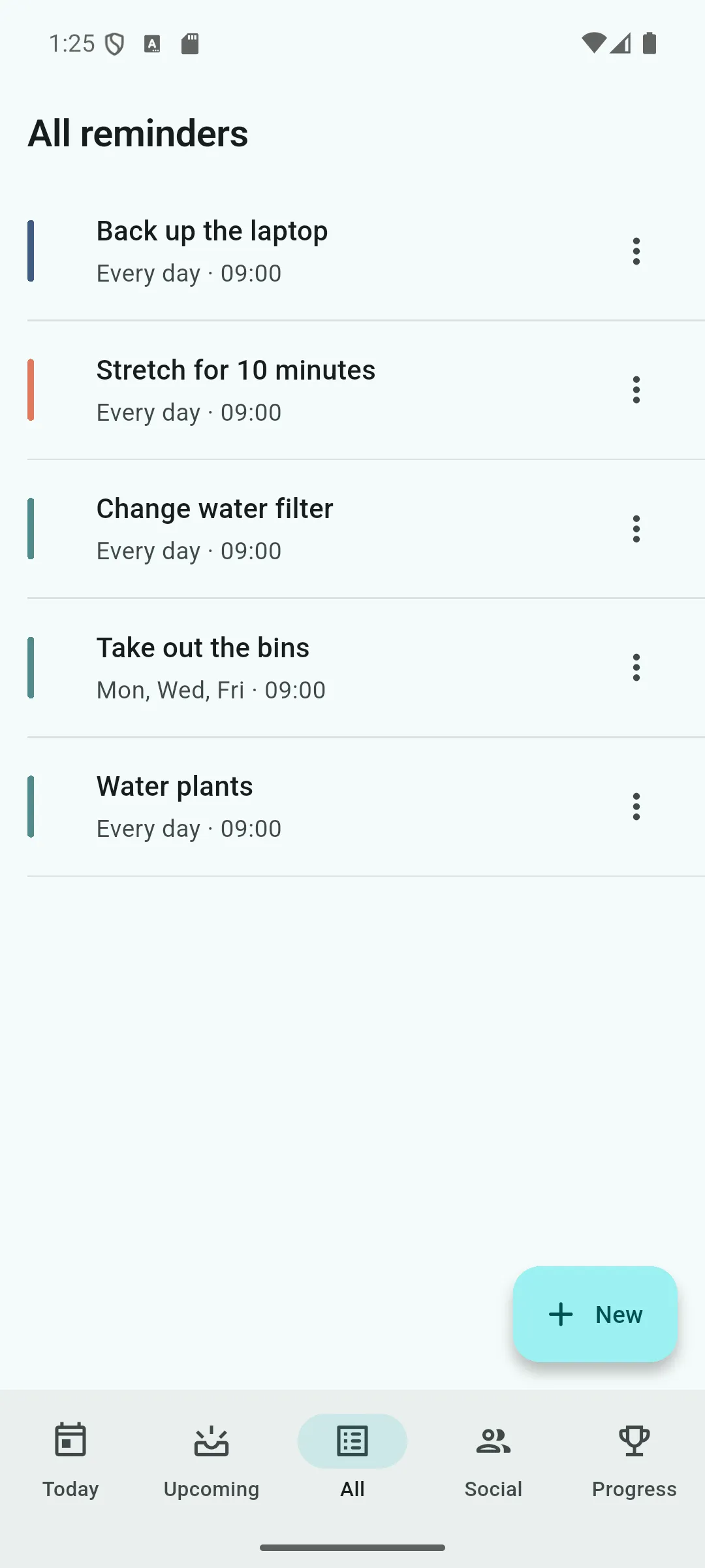 Recursa showing a list of repeating reminders with their categories and next dates