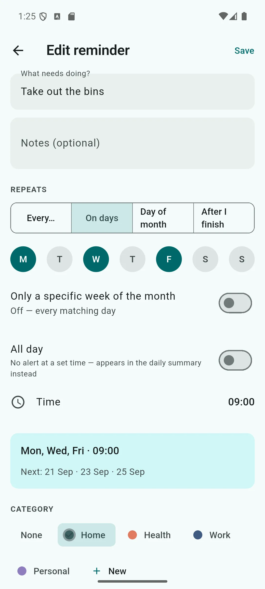 The editor: four repeat modes with a live preview of the next three dates